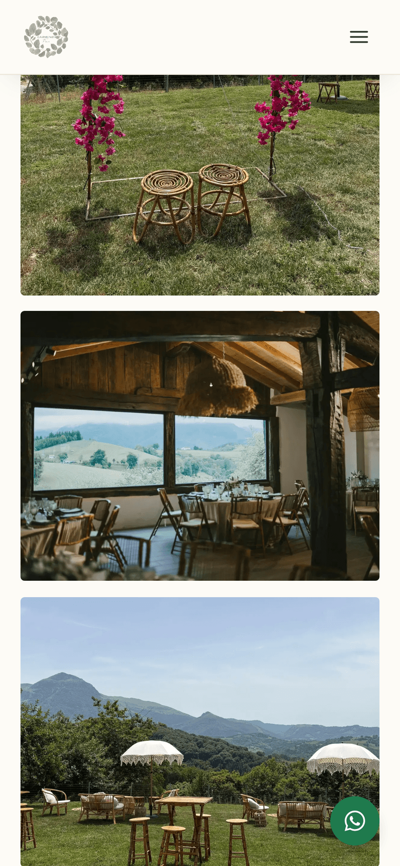 Finca Garmendi: la galería, con la campa de la ceremonia, el comedor frente a Aralar y la zona de cóctel