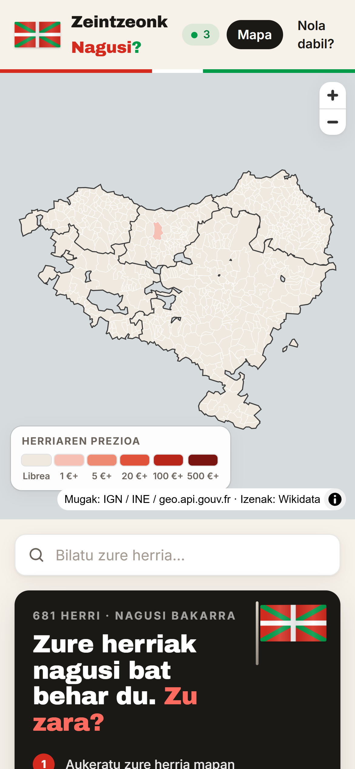 Zeintzeonk Nagusi?: el mapa de los 681 pueblos de Euskal Herria, coloreados por precio