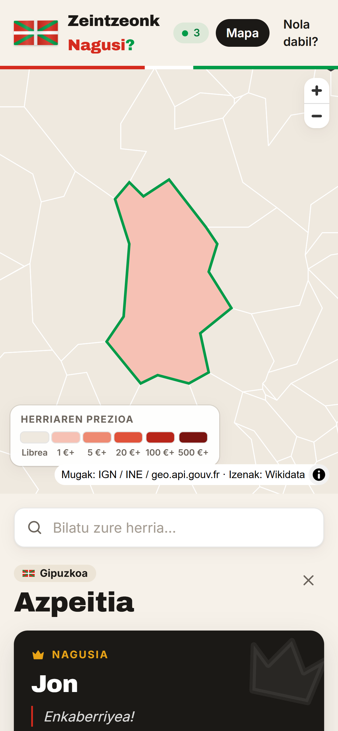 Zeintzeonk Nagusi?: Azpeitia seleccionado en el mapa, con su jefe actual y su mensaje